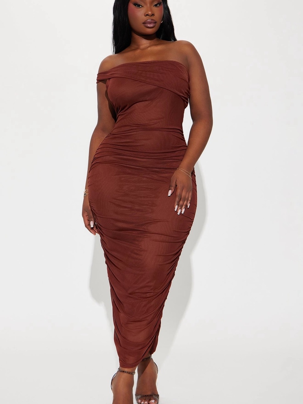 Fashion Nova One-Shoulder Ruched Midi Dress in Brown